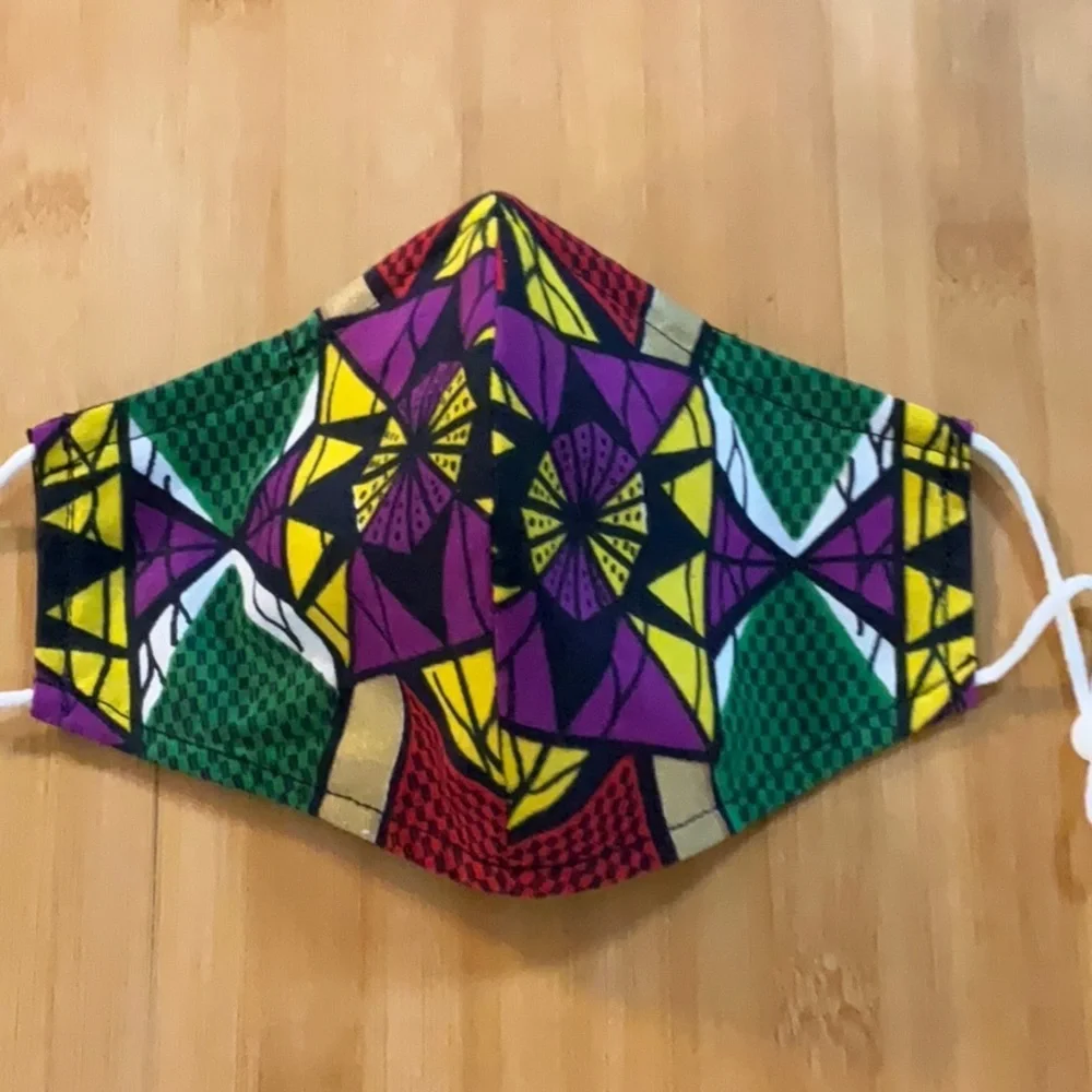 Hand Crafted Ankara African Print Face Mask and Button Earrings Purple Red Gold